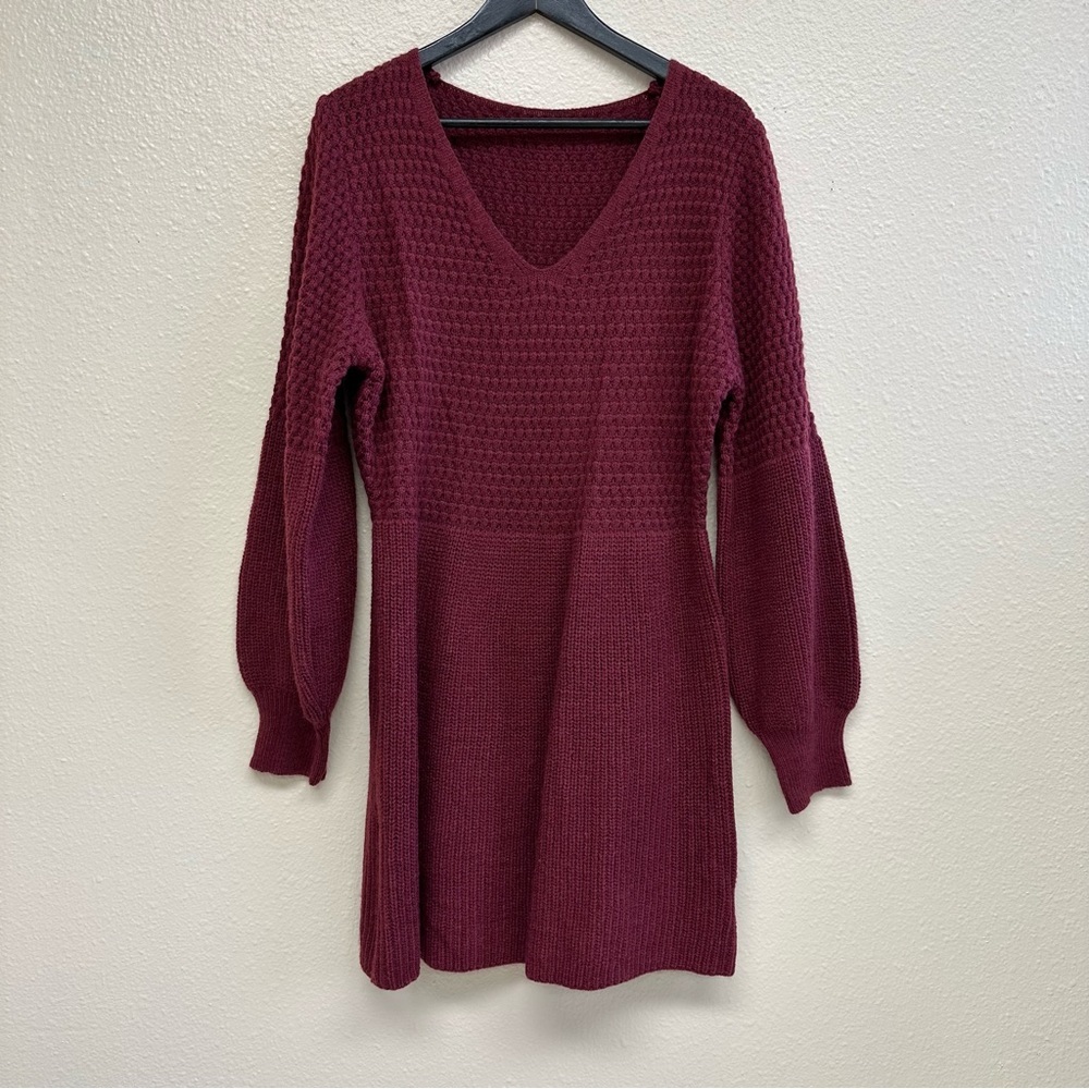 Cupshe V Neck Honeycomb Long Sleeve Sweater Dress Burgundy - Picture 2 of 5